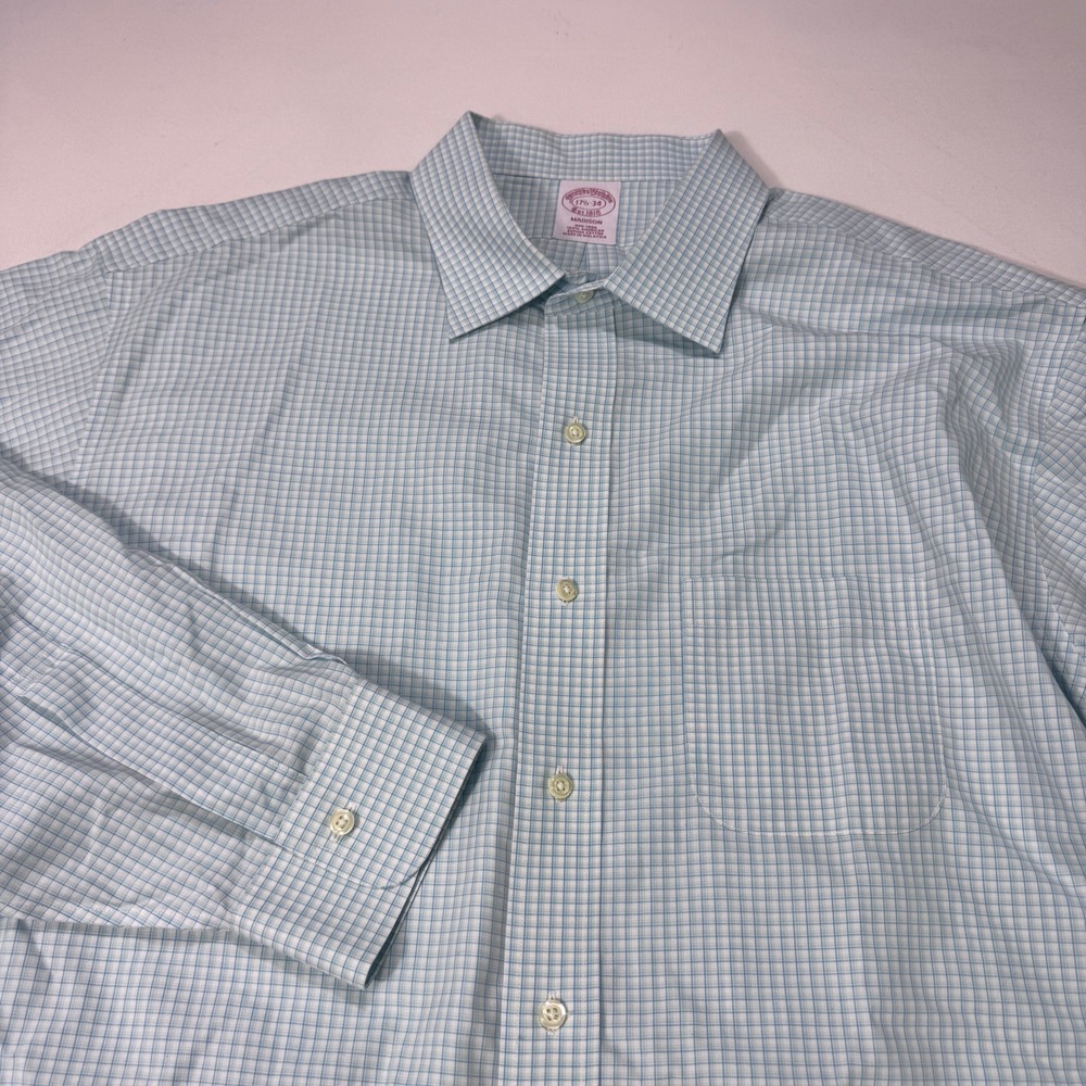 Brooks Brothers Madison Non-Iron Dress Shirt 17.5 Blue White Check Supima Cotton